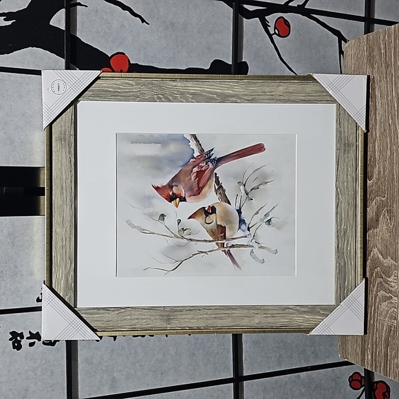 Wood Framed 8x10 Red Cardinal Love Birds‎ Watercolor Oil Painting - Picture 9 of 9